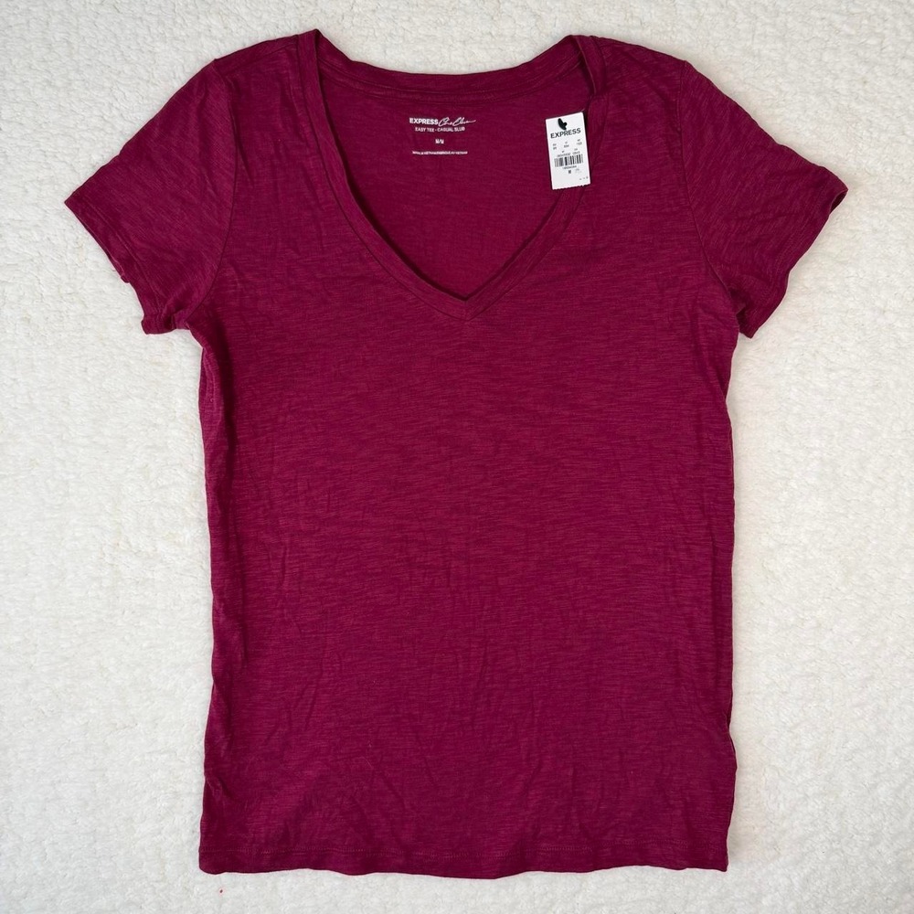 Express One Eleven Easy Tee Womens Medium Berry Slub V-Neck Short Sleeve T-Shirt